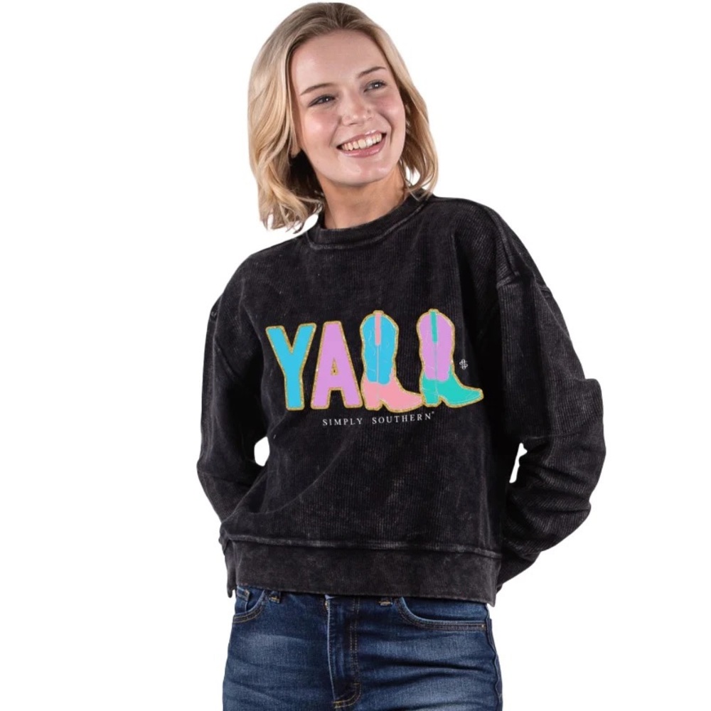 NWT SIMPLY SOUTHERN BLACK YALL BOOTS LONG SLEEVE CREW CROP TOP SWEATSHIRT